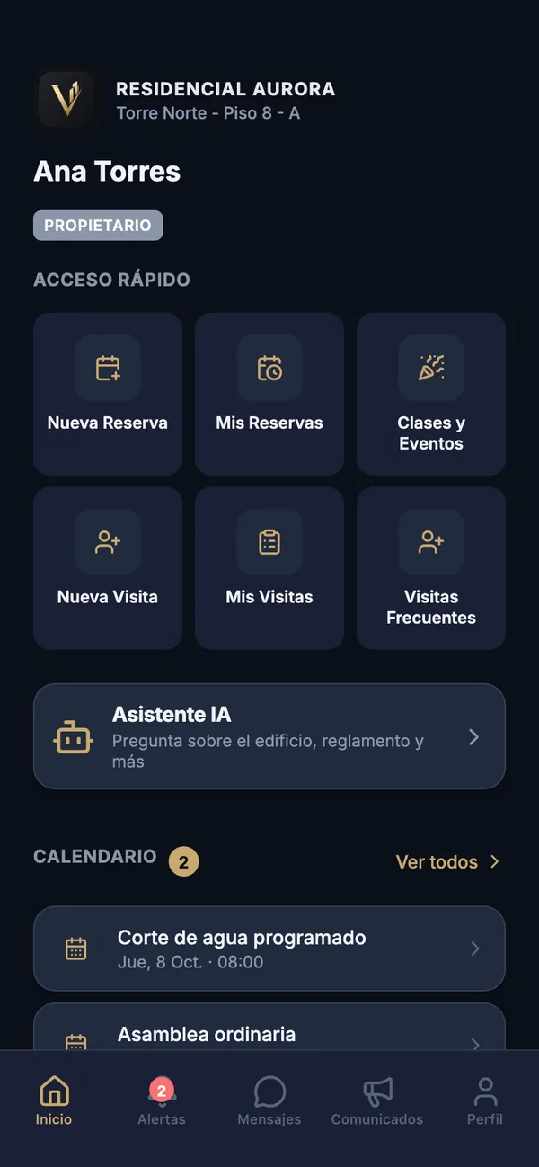 Pantalla de inicio de la app con accesos rápidos