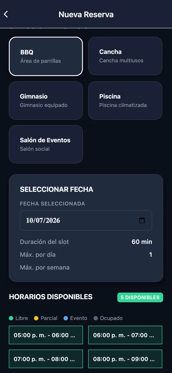 Pantalla para reservar un área